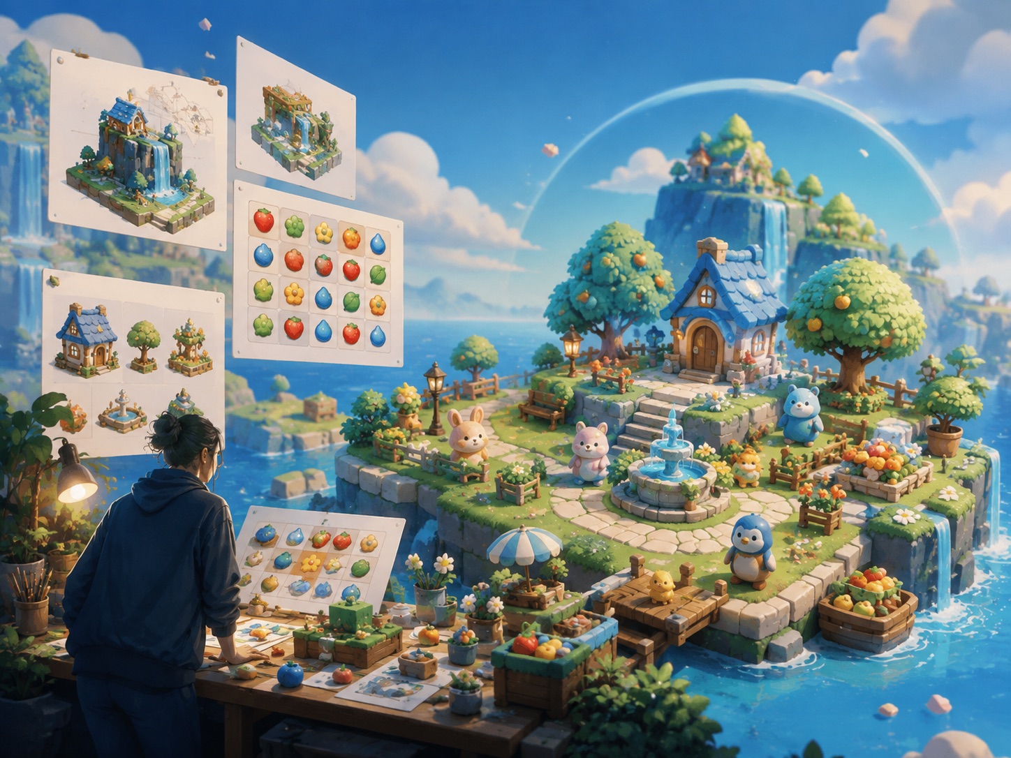 A colorful casual game world taking shape inside a creative studio