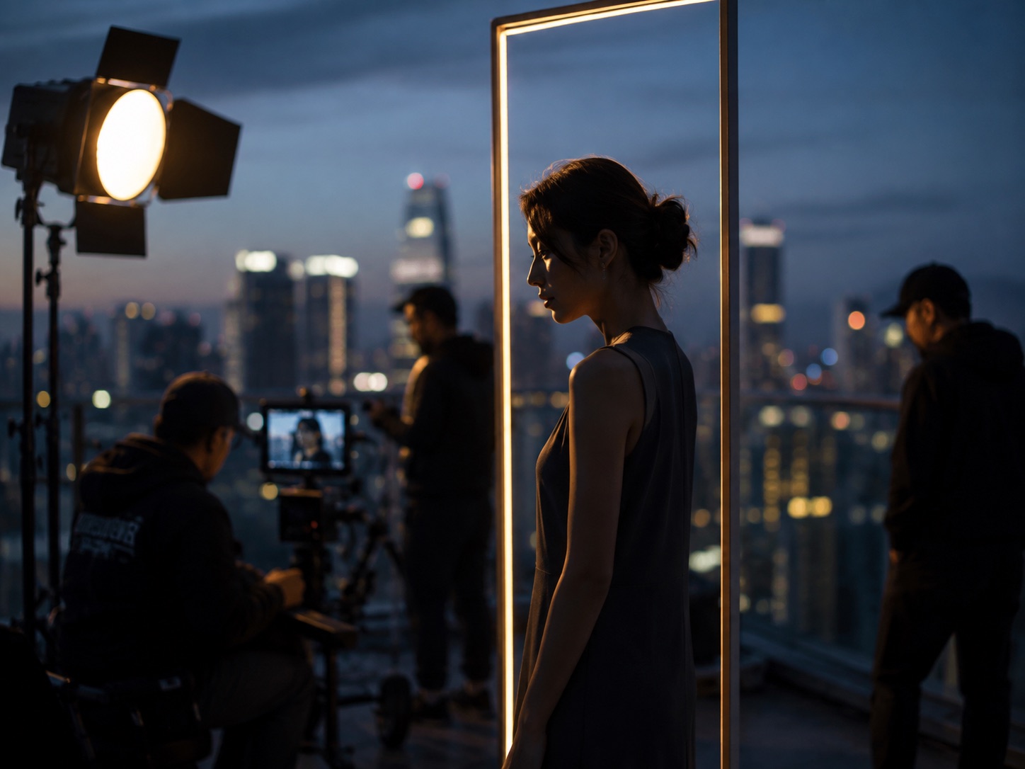 A short-form drama being filmed on a city rooftop